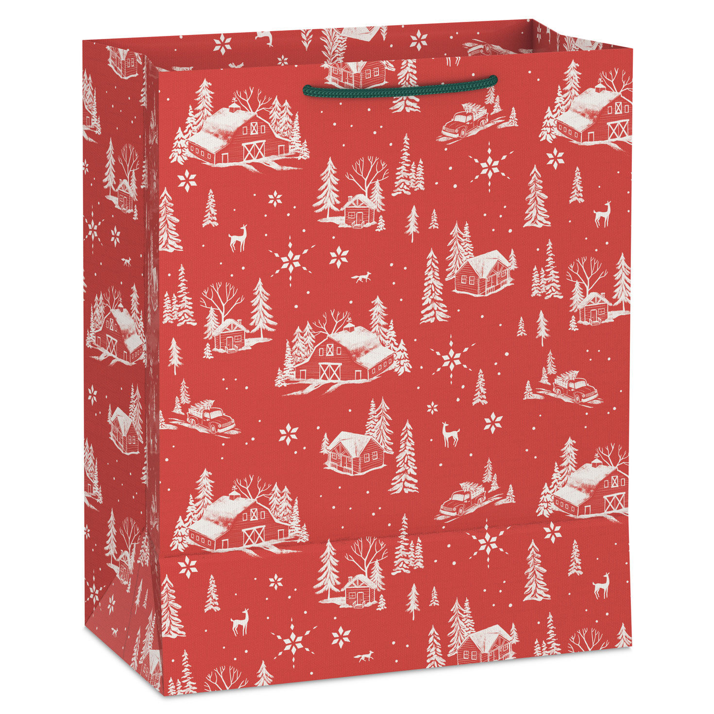 Snowy Farmhouses on Red Large Holiday Gift Bag Back image number 6