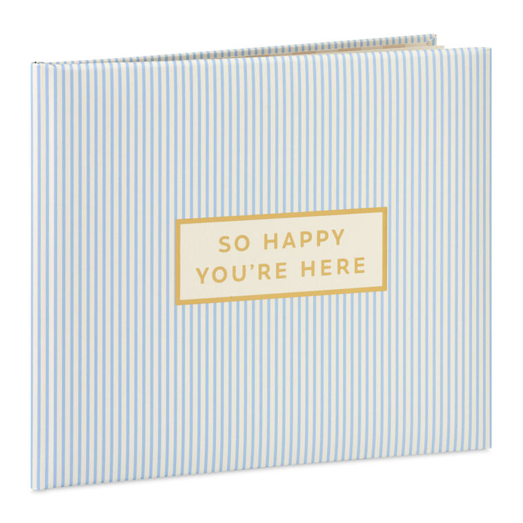 So Happy You're Here Blue and White Striped Guest Book