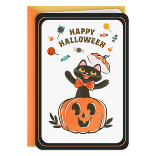 Vintage Black Cat in Pumpkin Halloween Card for Kids