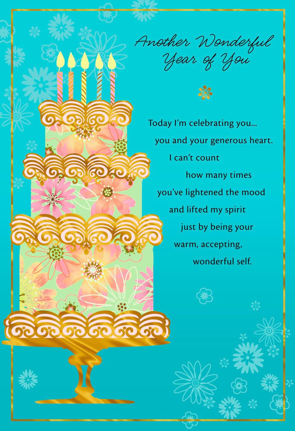 Fun, Floral Cake on Blue Birthday Card