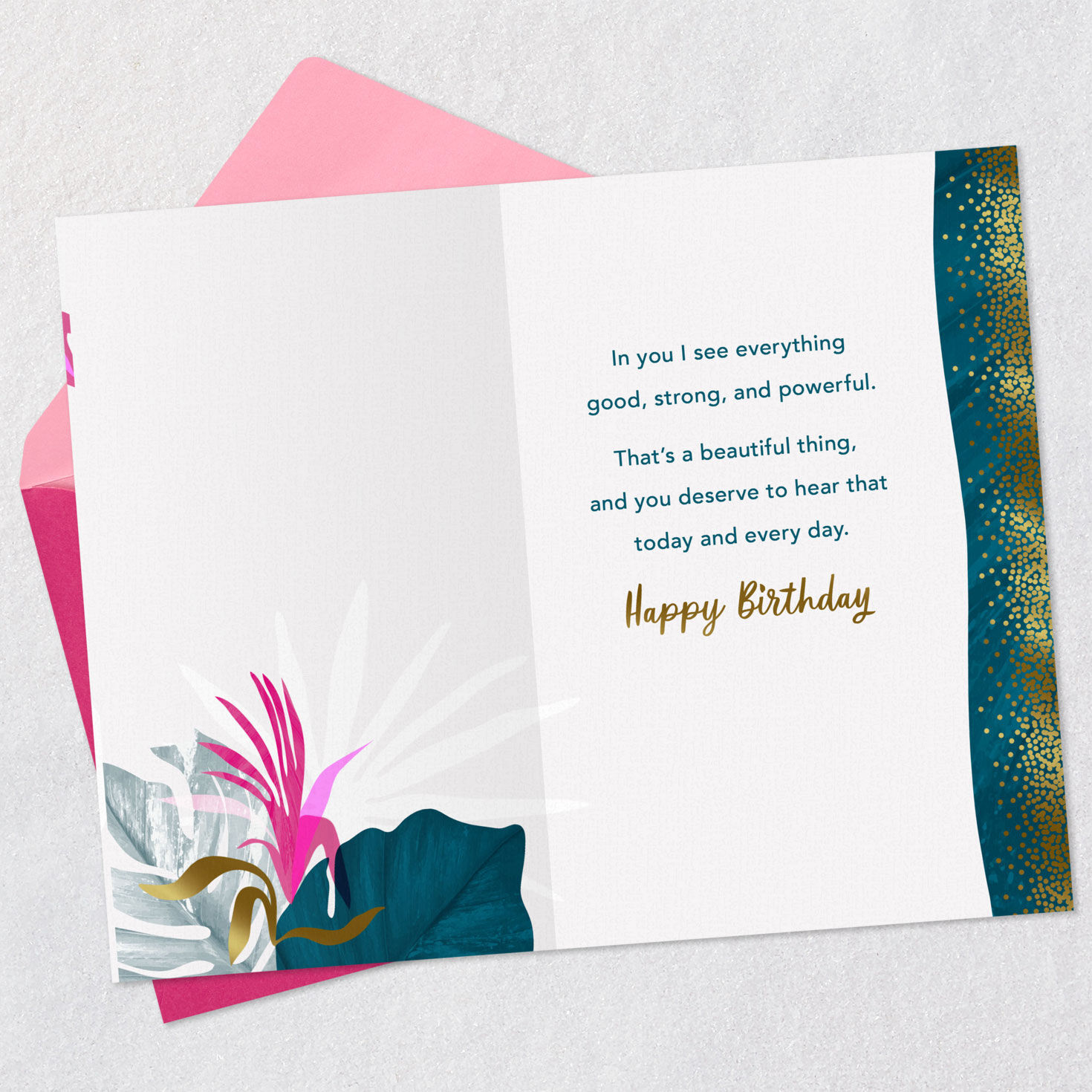 Tropical Flowers and Leaves Mama Birthday Card Open card with envelope image number 3