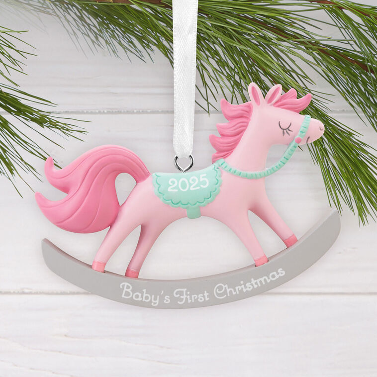 Pink Rocking Horse Christmas Ornament Hanging on tree image number 2