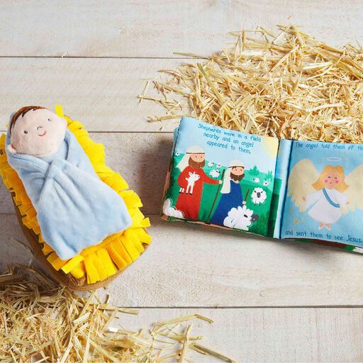 Mud Pie Nativity Soft Book and Plush Baby Jesus in Manger With Sound, Set of 2, 