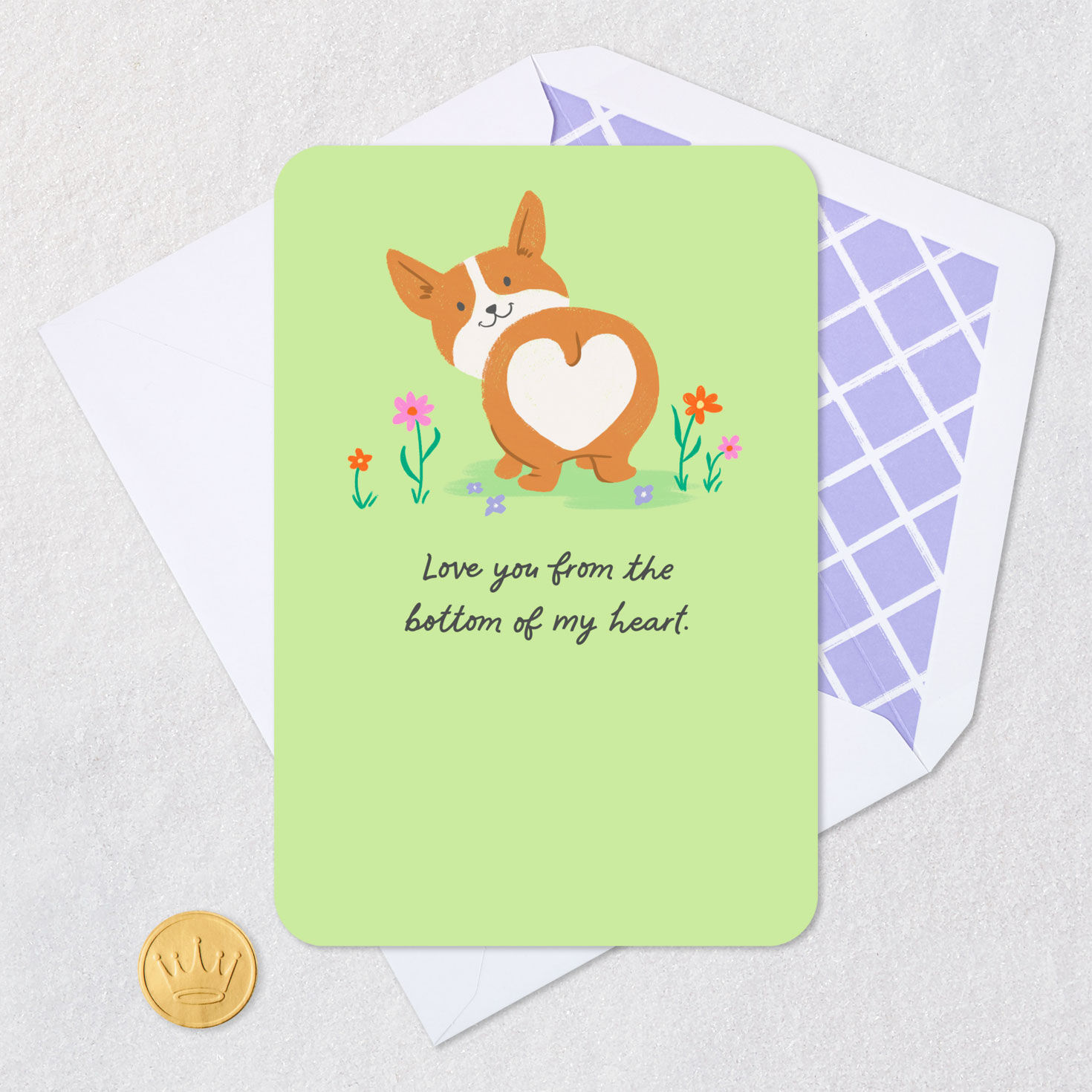 Corgi Dog With Heart Butt and Flowers Blank Love Card Card Front Detail image number 4
