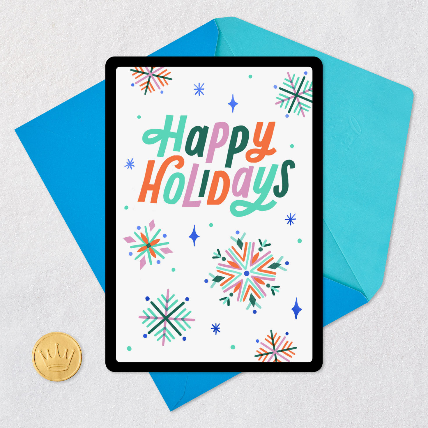 Colorful Snowflakes Venmo Happy Holidays Card Card Front with Envelope and Gold Seal image number 7