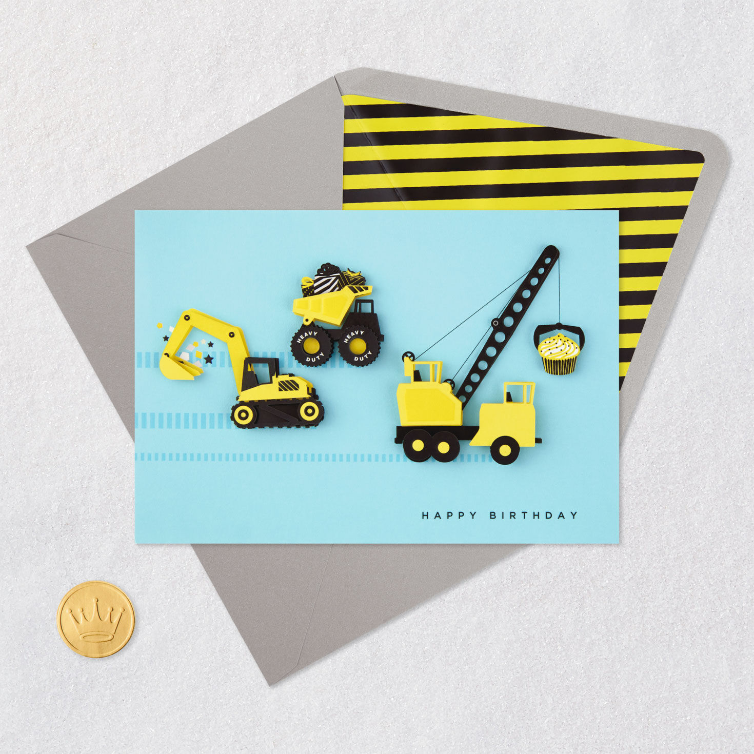 Yellow Construction Vehicles Kids Birthday Card Card Front with Envelope and Gold Seal image number 5