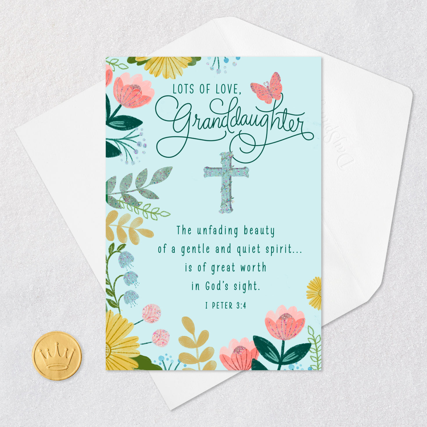 Flowers on Blue Granddaughter Confirmation Card Card Front with Envelope and Gold Seal image number 5