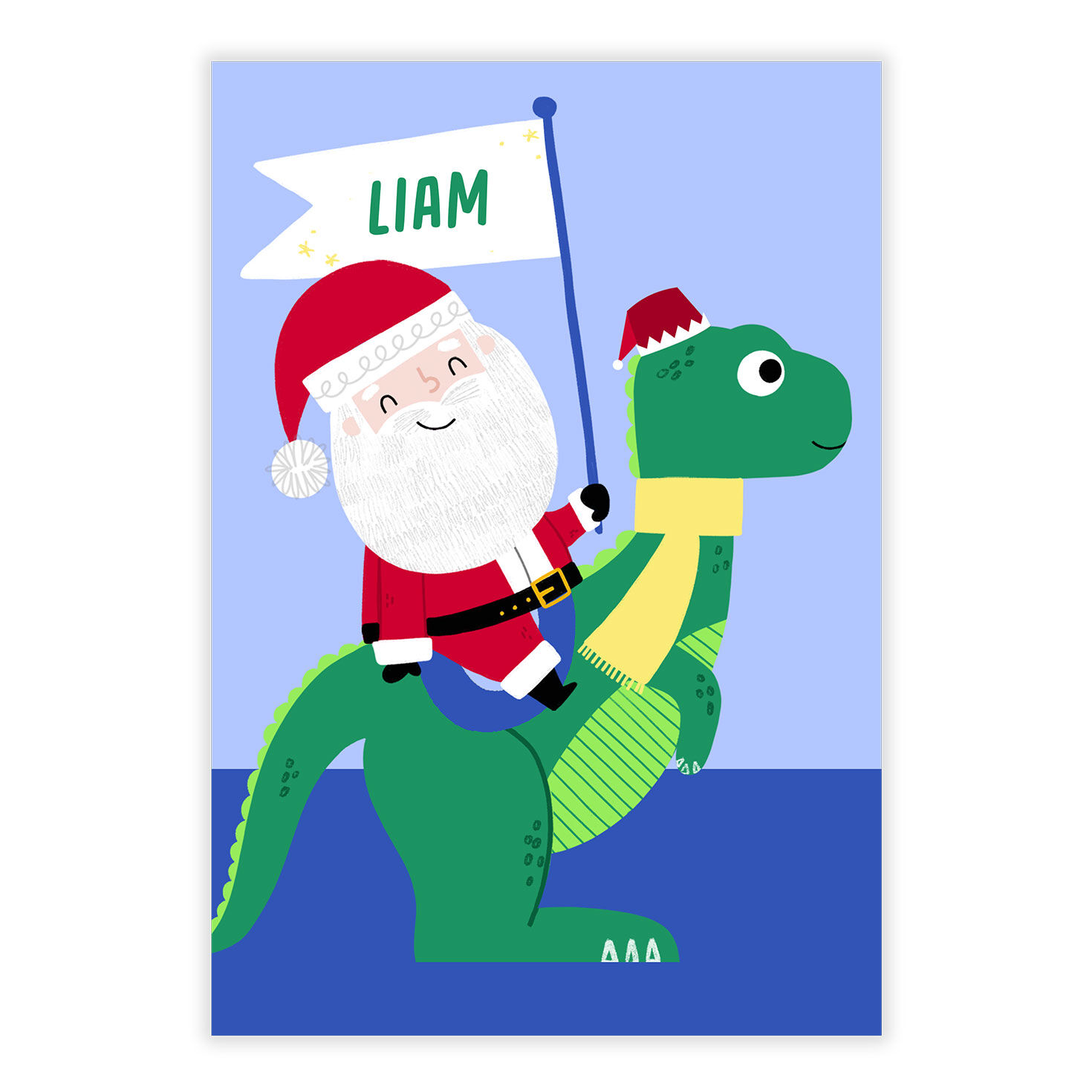 Santa Riding Dinosaur Personalized Christmas Card front image number 2