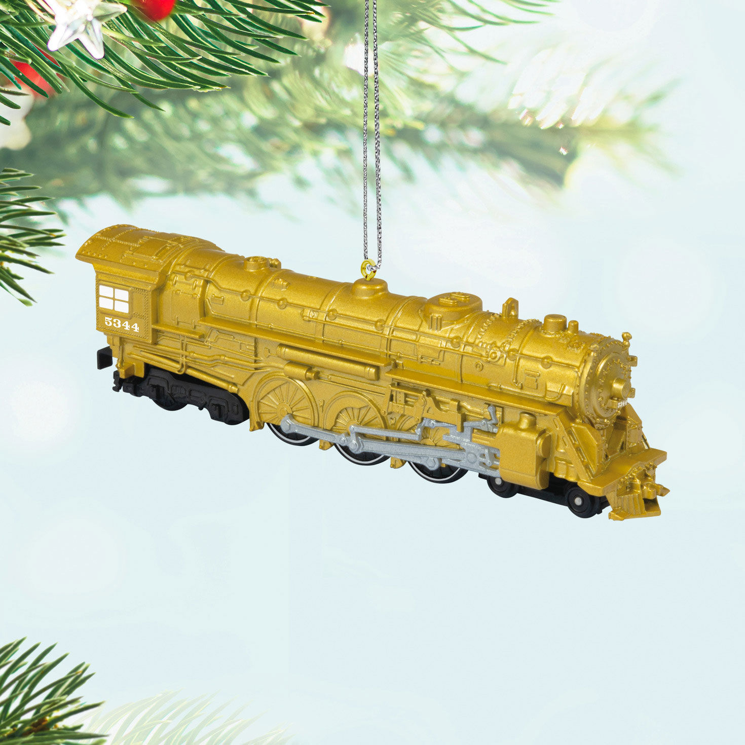 Lionel Trains Gold Locomotive Keepsake Ornament hanging on tree image number 2