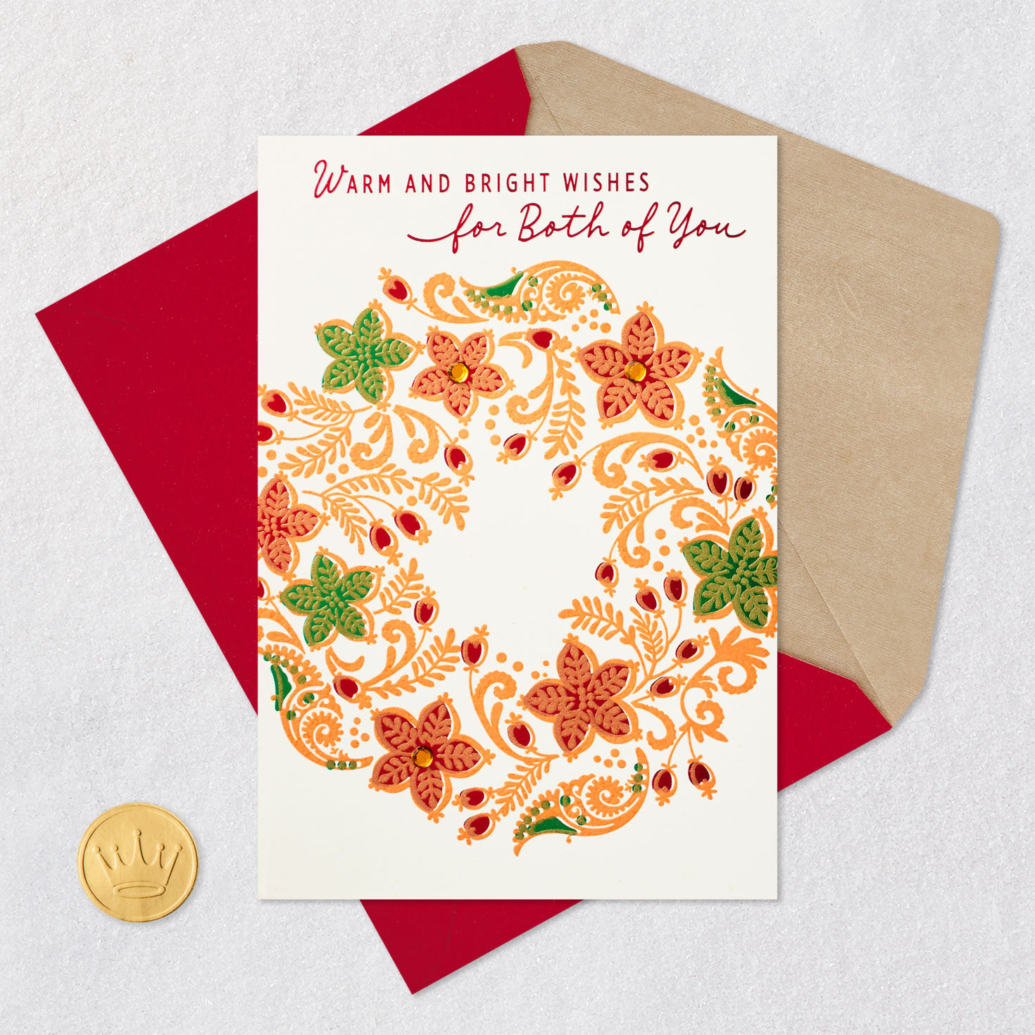 Red, Green and Gold Floral Wreath Christmas Card Card Front with Envelope and Gold Seal image number 7
