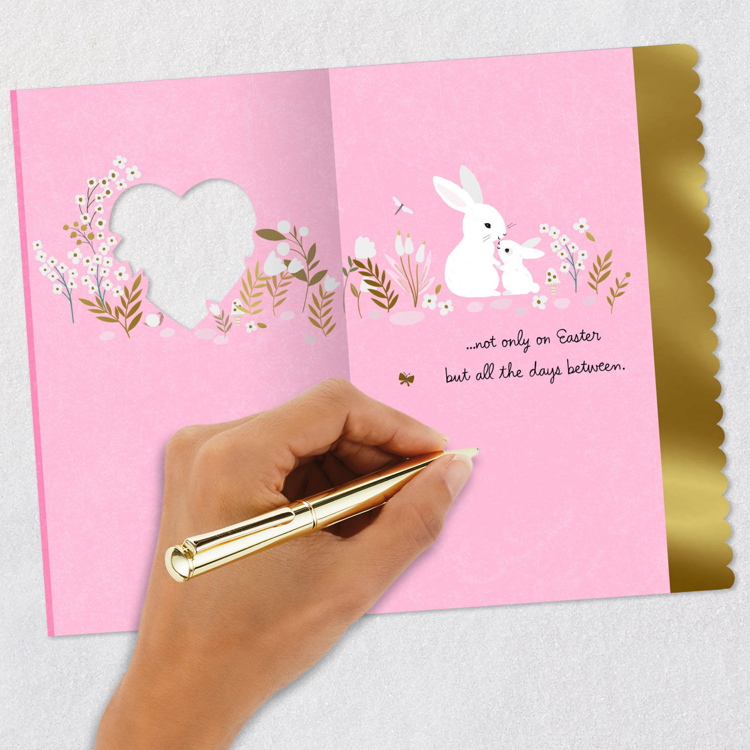 Pink and Gold Flowers with Bunnies Easter Card for Mom Signing card image number 6