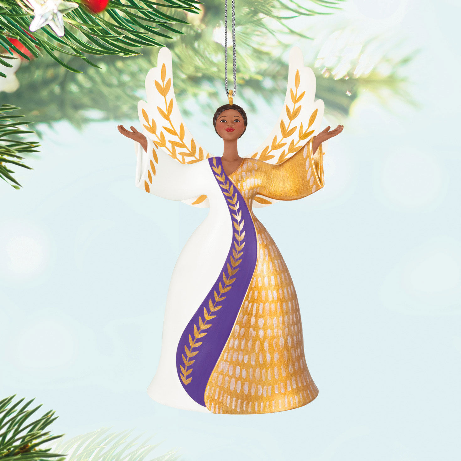 Black Angel in Gold, Purple Keepsake Ornament Hanging on tree image number 2