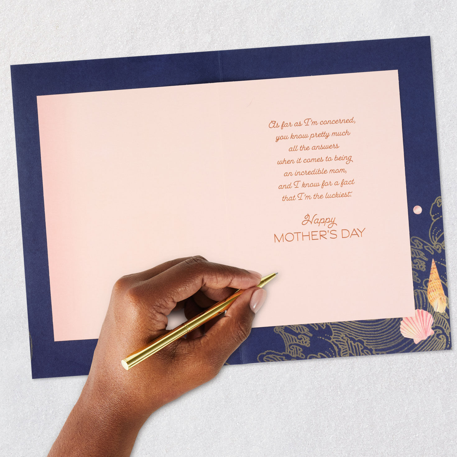 Waves and Shells on Navy Mother's Day Card for Mom Signing card image number 6