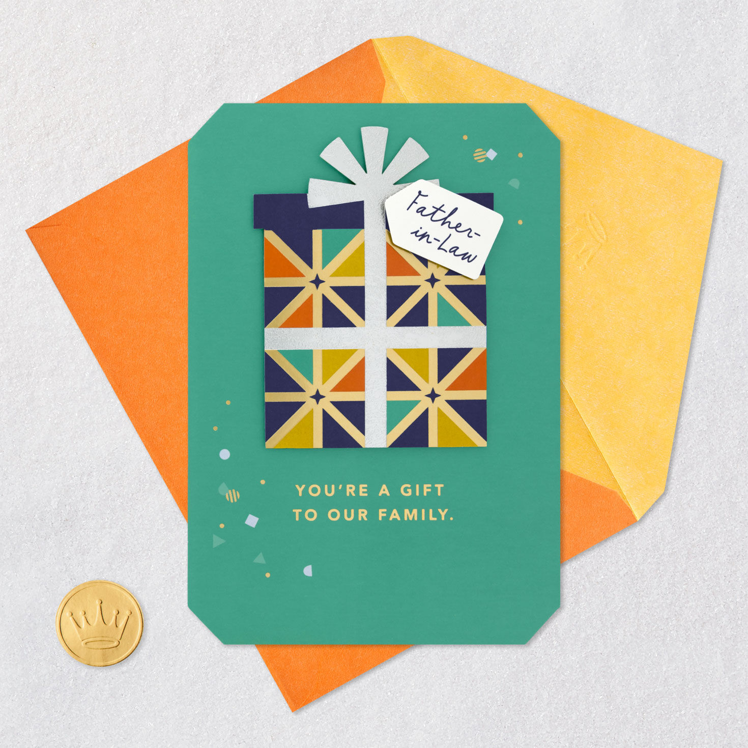 Wrapped Present Birthday Card for Father-in-Law Card Front with Envelope and Gold Seal image number 5