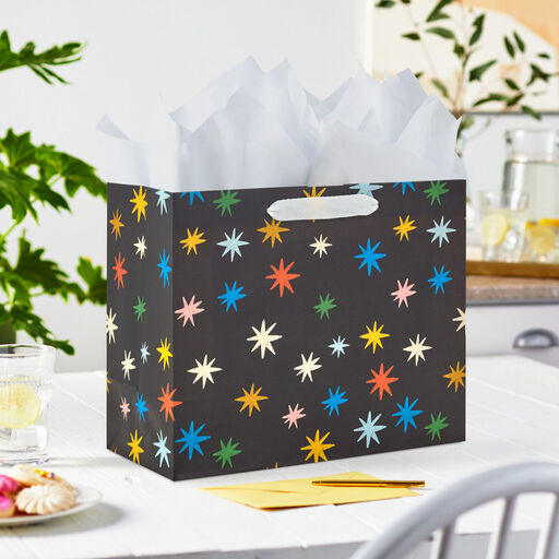 7.7" Colorful Stars on Black Medium Horizontal Gift Bag, 