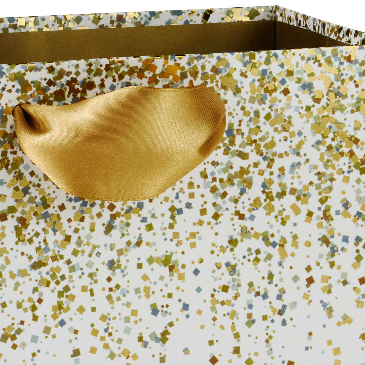 Gold Confetti Designs on White Medium Gift Bag Handle Detail image number 4