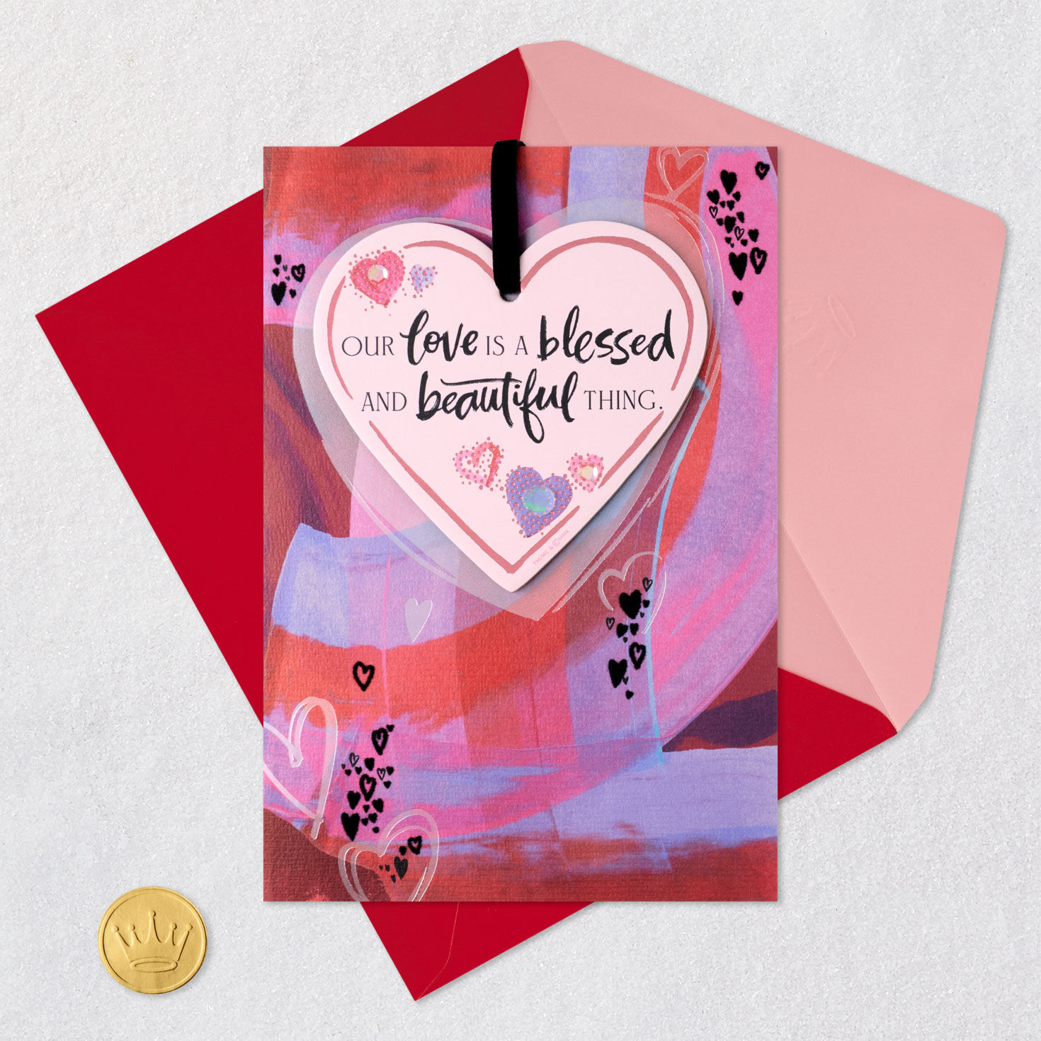 Romantic Valentine's Day Card With Heart Decoration Card Front with Envelope and Gold Seal image number 7