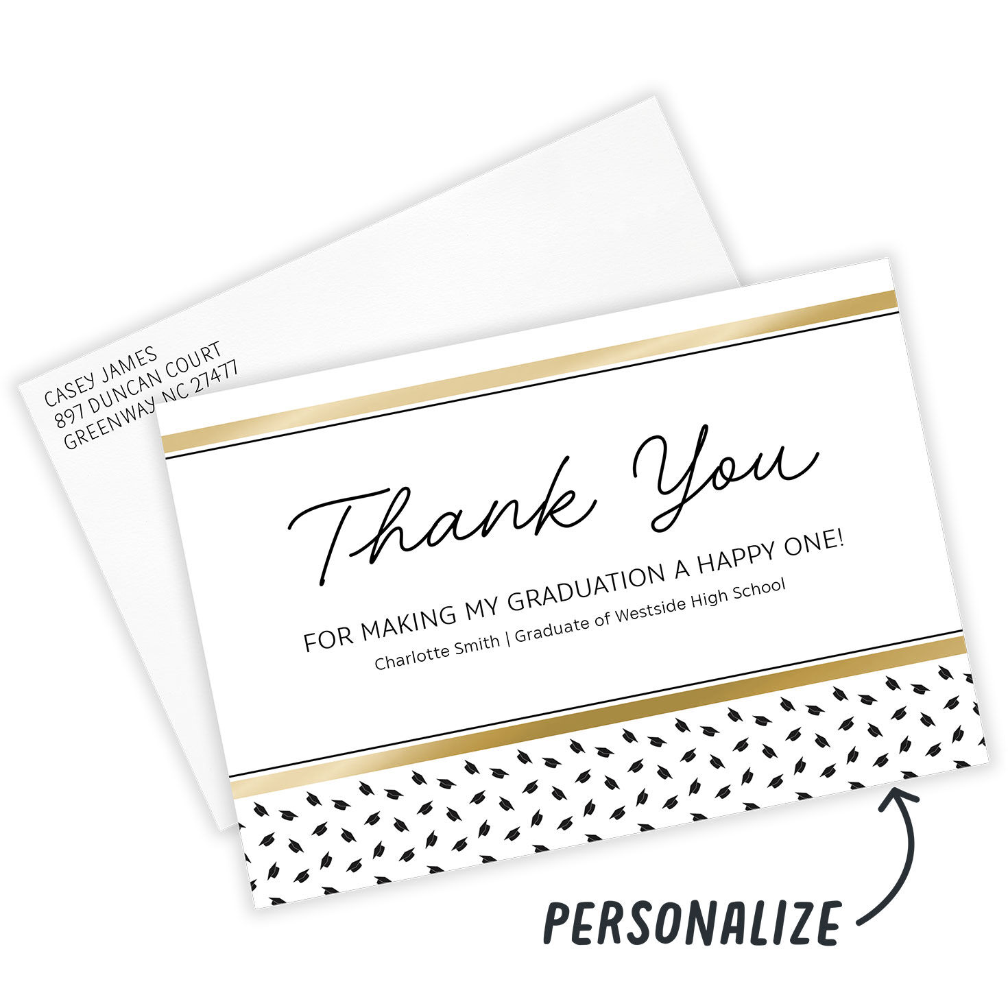 Gold Border Black Hats Grad Thank You Card Card Front indicating personalization image number 2