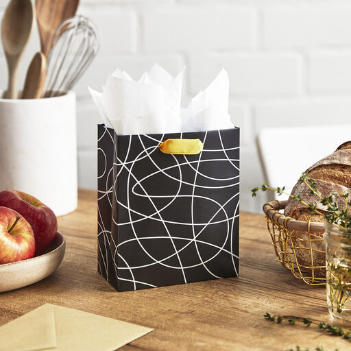 6.5" White Squiggles on Black Small Gift Bag, 