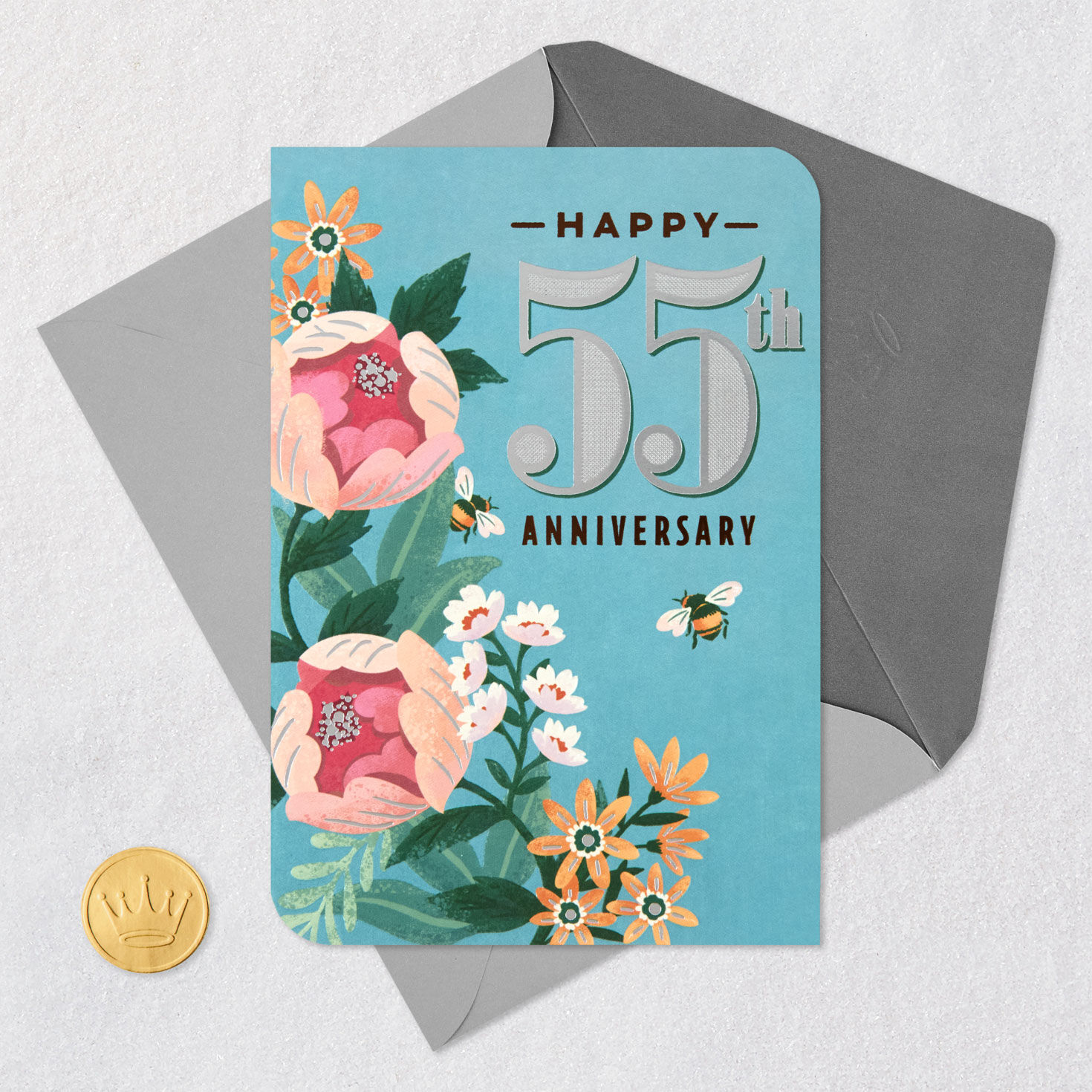 Bees with Pink and Peach Flowers on Light Blue 55th Anniversary Card Card Front with Envelope and Gold Seal image number 6