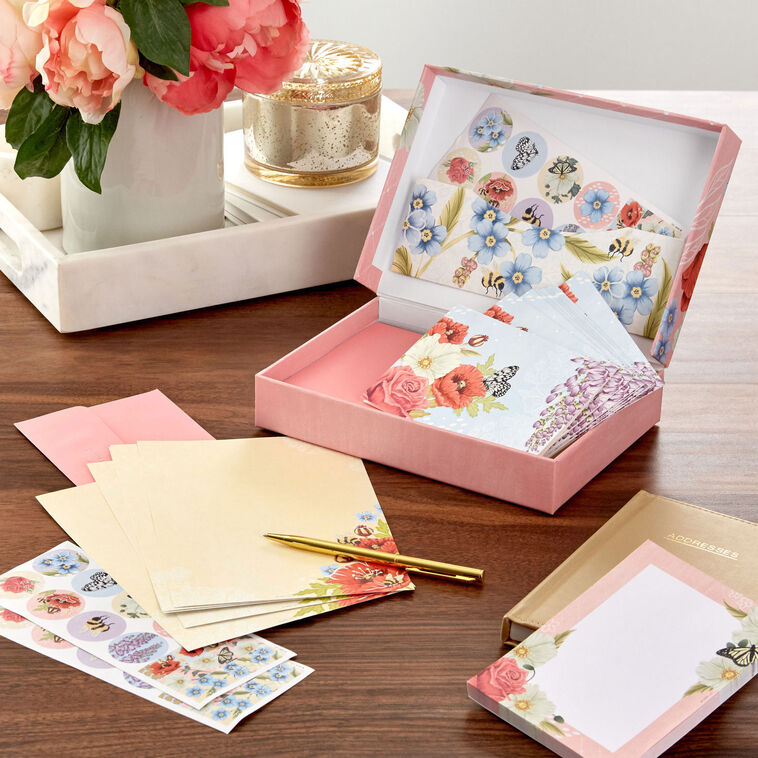 Hallmark Box Note Cards Pink Floral Stationery Set and Desk Organizer Box - Note Cards ...