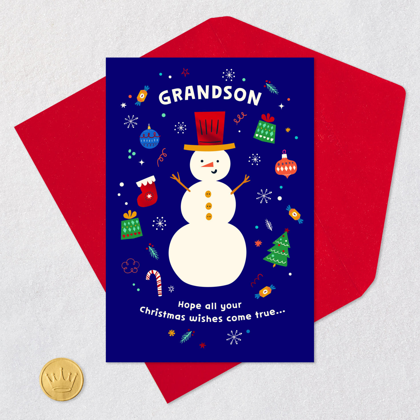 Snowman With Holiday Icons Christmas Card for Grandson Card Front with Envelope and Gold Seal image number 5