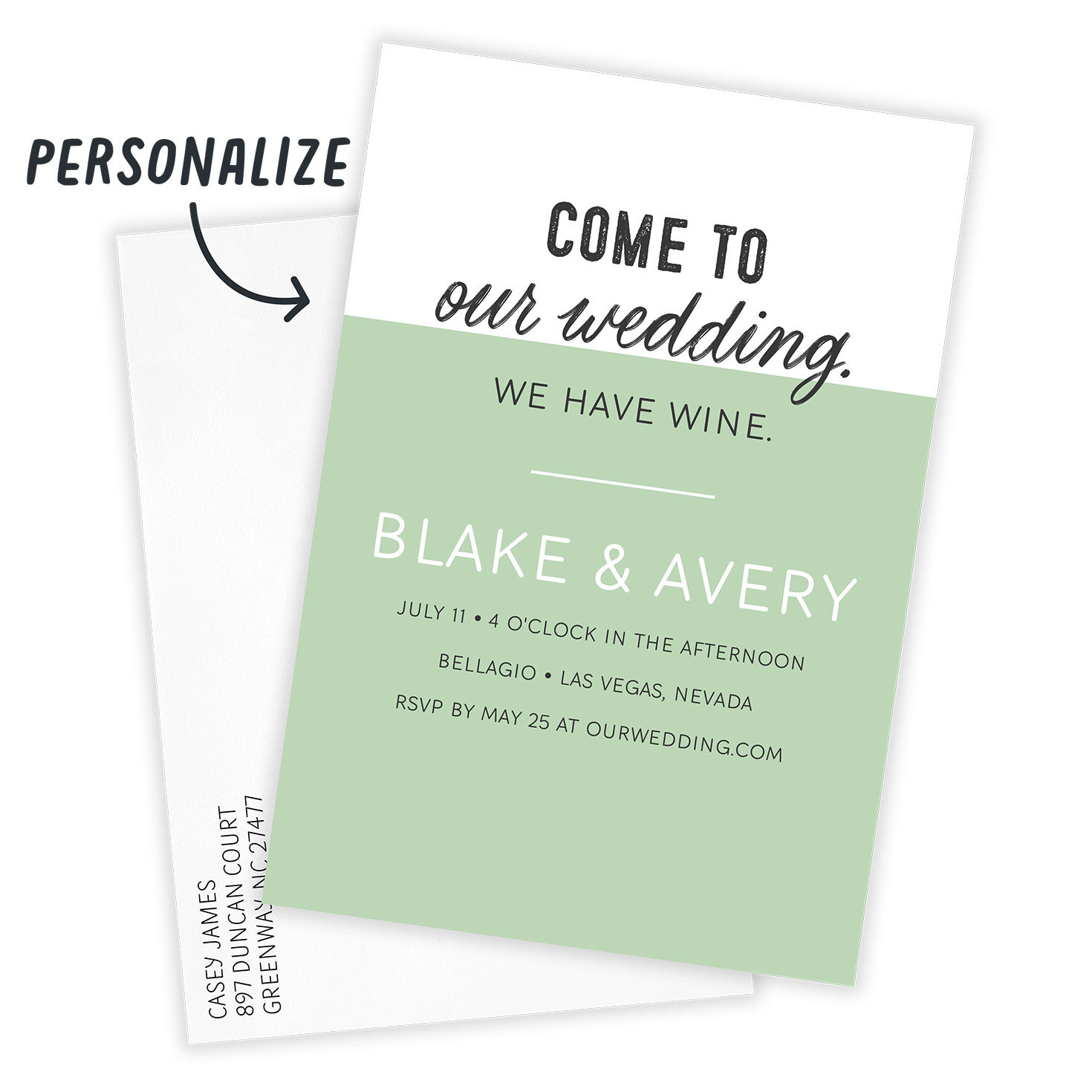 We Have Wine Green Personalized Wedding Invitation Card Front indicating personalization image number 2