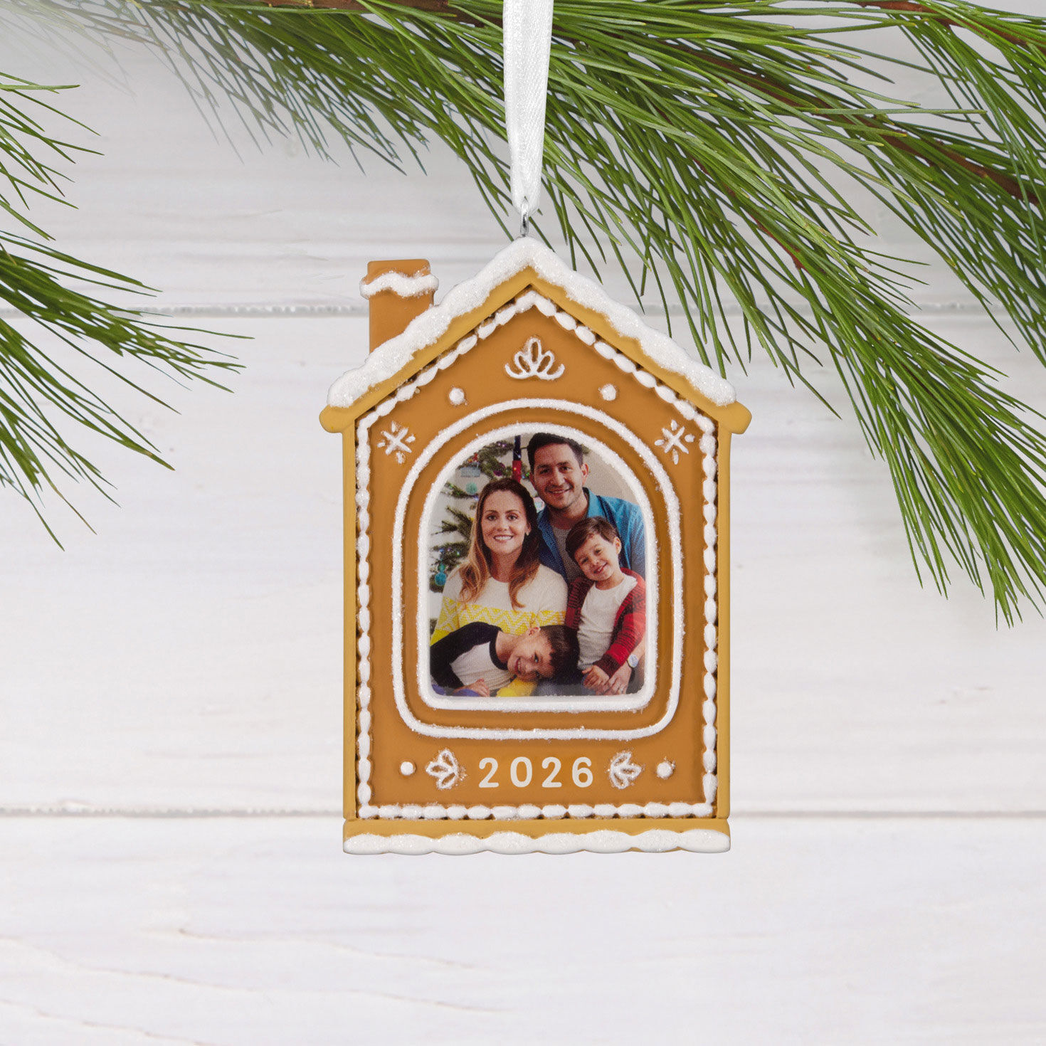 Gingerbread House Photo Frame Christmas Ornament hanging on tree image number 2