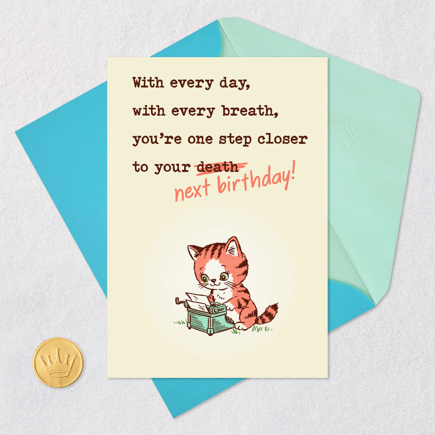 Cat at Typewriter Funny Birthday Card Card Front with Envelope and Gold Seal image number 5