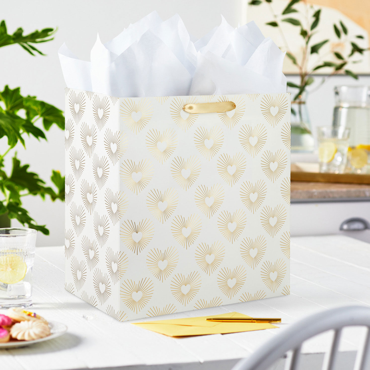 Gold Hearts on White Extra-Deep Gift Bag in use image number 2