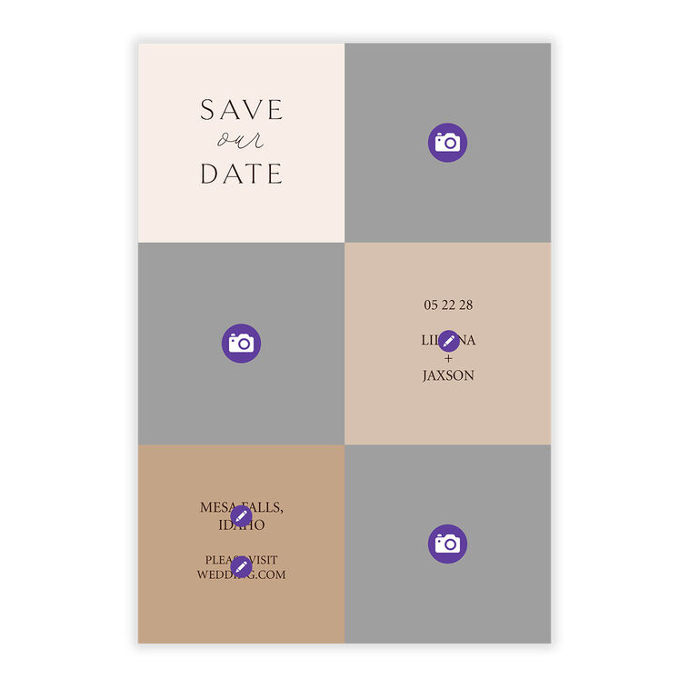 Beige Squares Personalized Save the Date Card Card Front indicating personalization image number 5