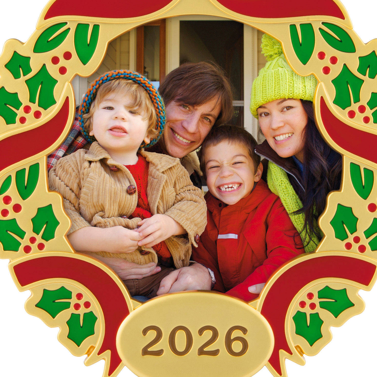 Red Green Metal Wreath Personalized Photo Ornament upclose view image number 5
