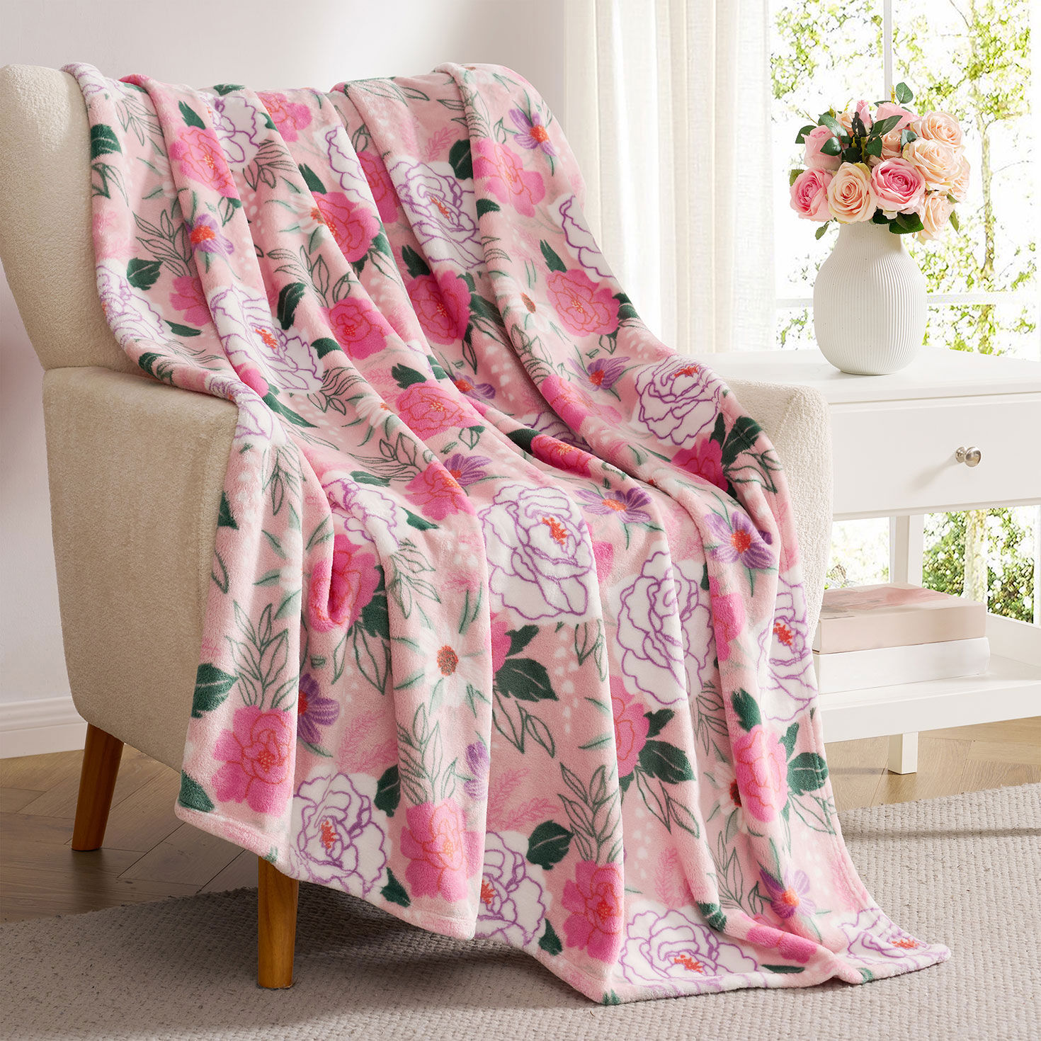 Illustrated Flowers Plush Fleece Throw Blanket in use image number 2