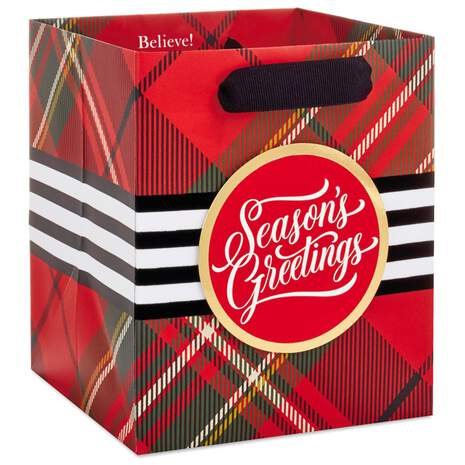 6" Seasons Greetings Red Plaid Christmas Gift Bag, , large
