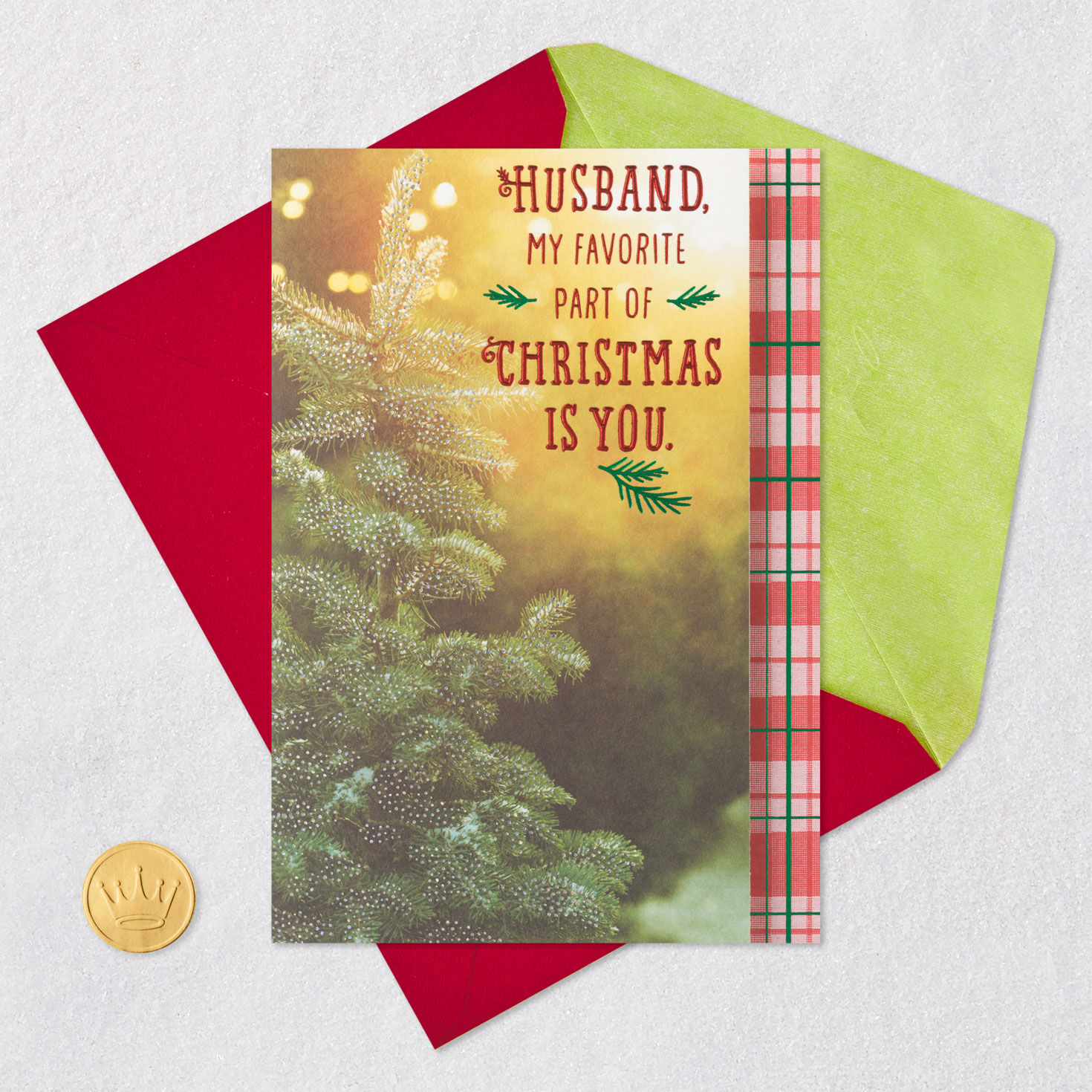 Christmas Tree Plaid Christmas Card for Husband Card Front with Envelope and Gold Seal image number 6