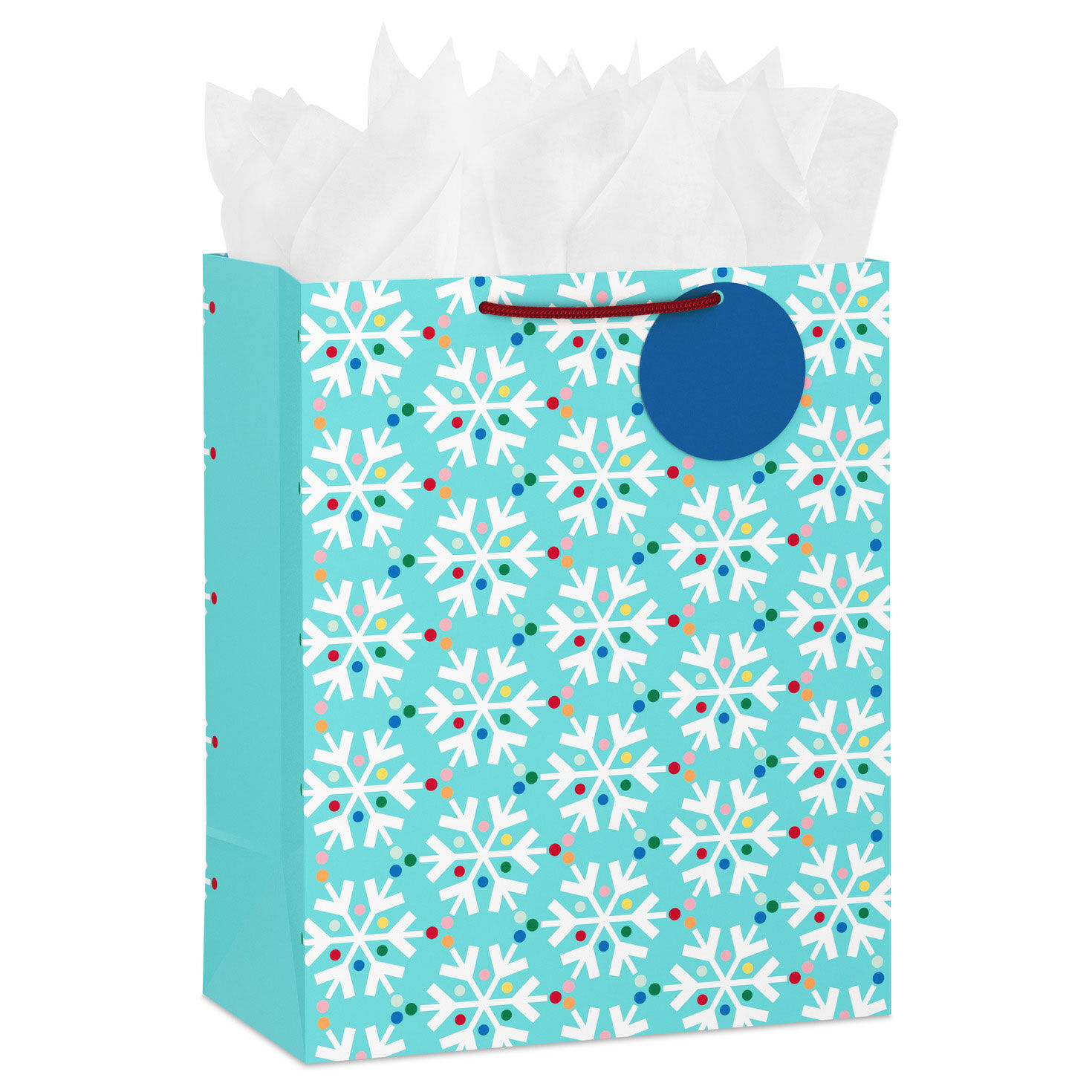 13" Rainbow Snowflakes on Blue Large Christmas Gift Bag With Tissue Paper