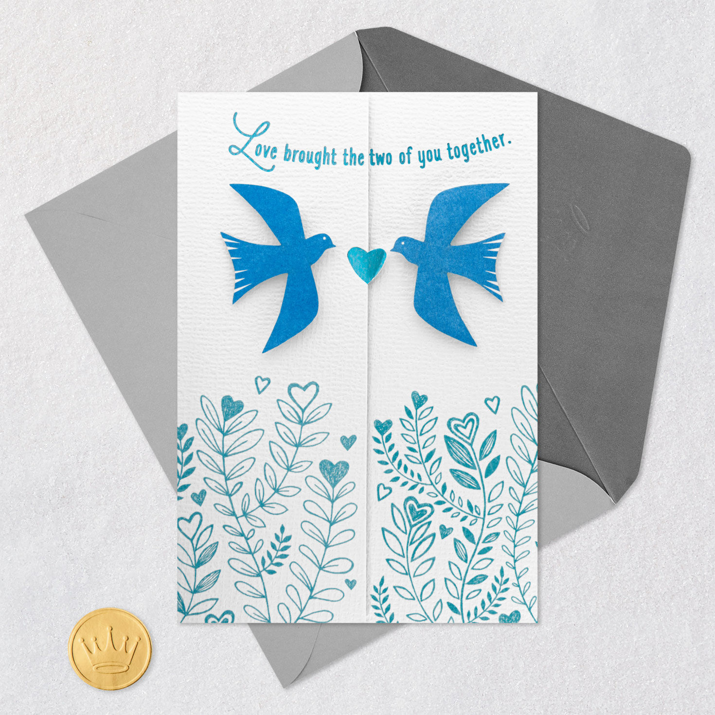 Blue Birds and Heart-Shaped Flowers Wedding Card Card Front with Envelope and Gold Seal image number 6