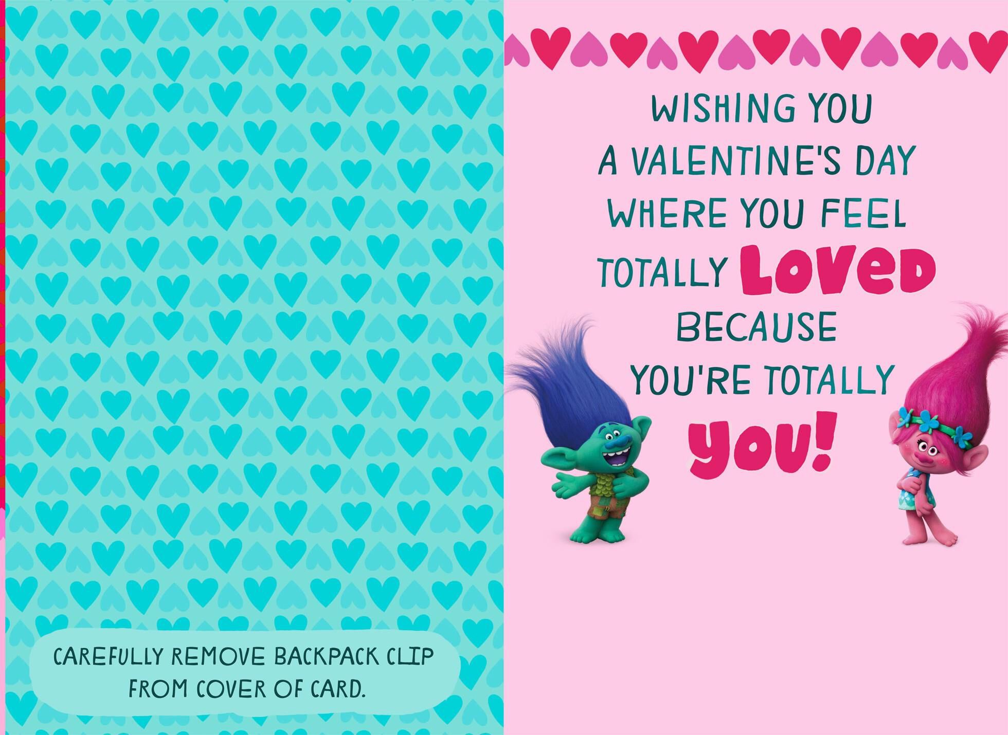 Trolls Backpack Clip Valentine's Day Card for Child