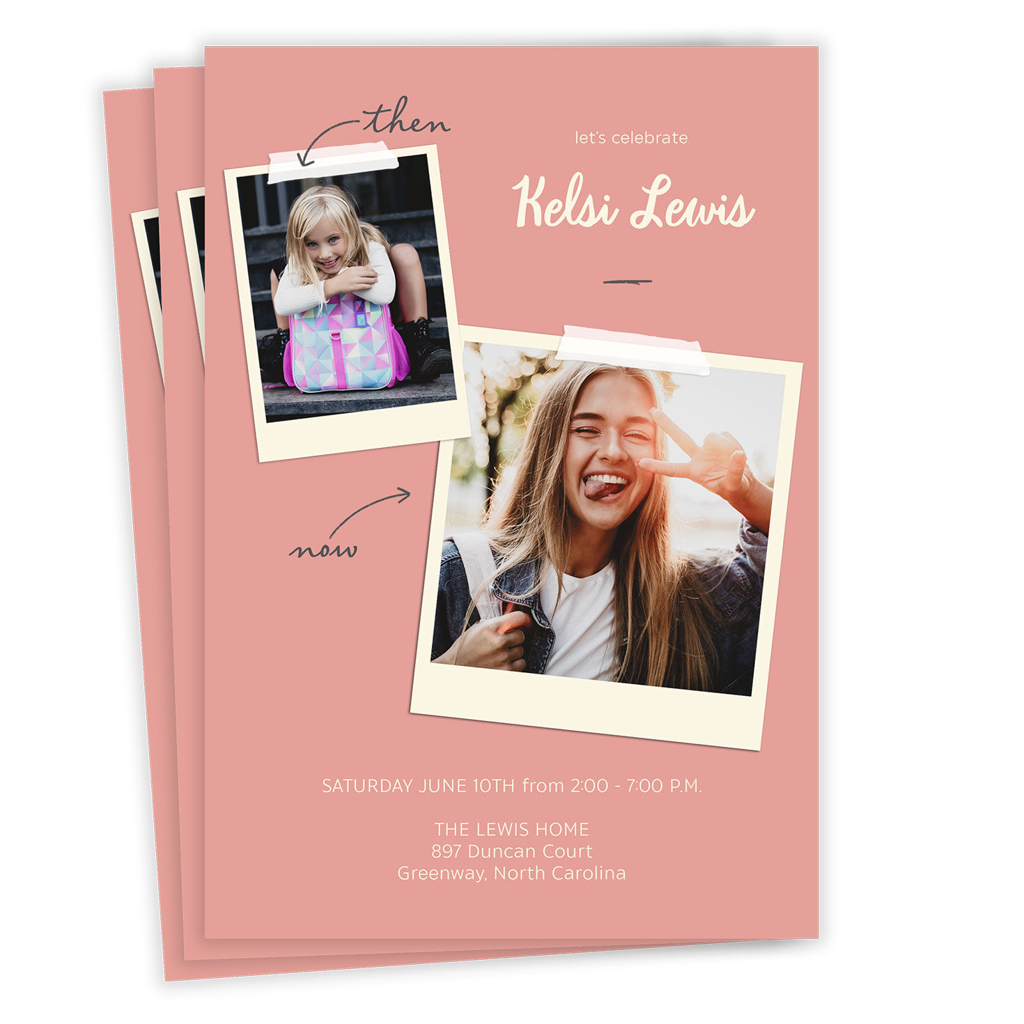 Pink Then and Now Flat Graduation Party Invitation