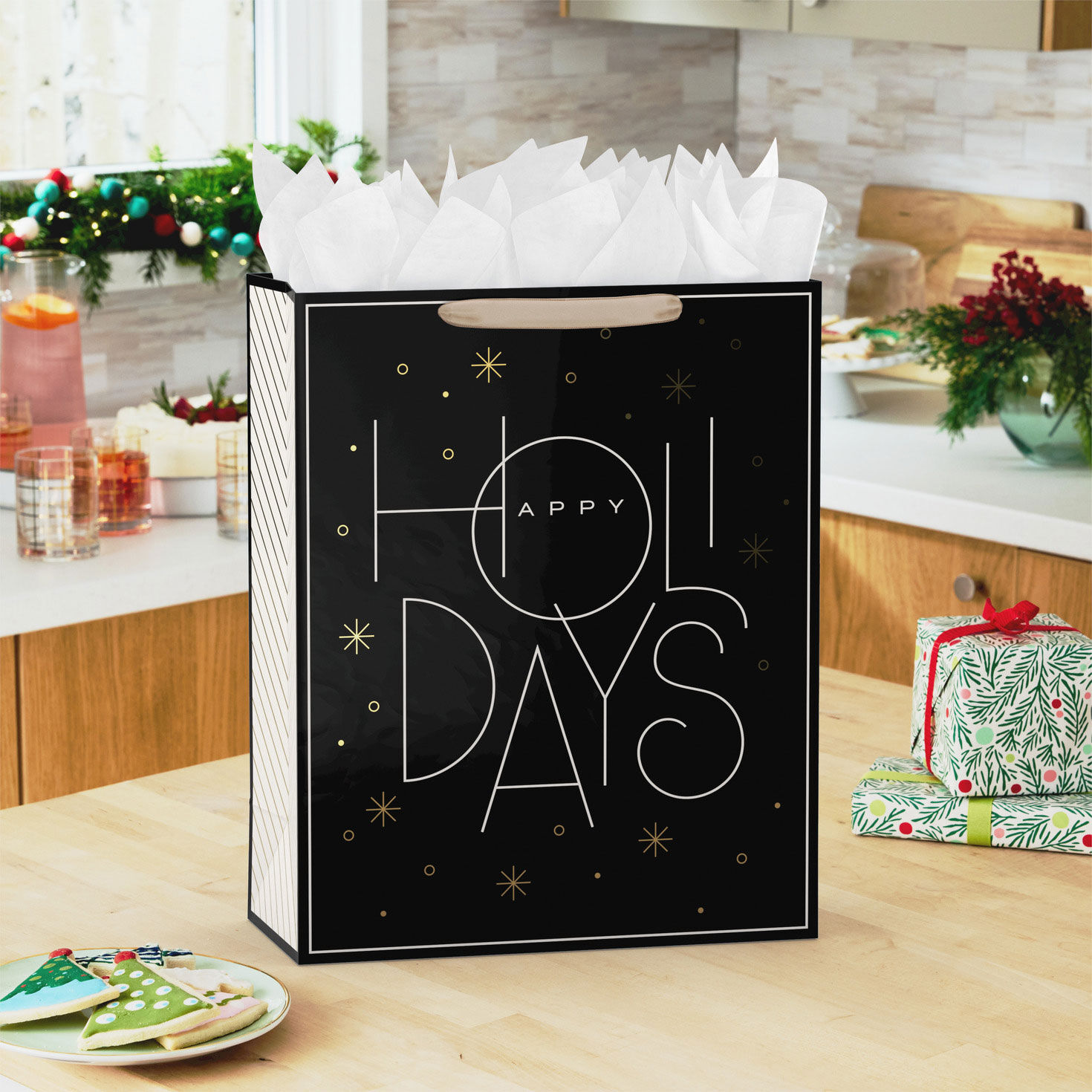 Modern Black and Gold XL Holiday Gift Bag in use image number 2