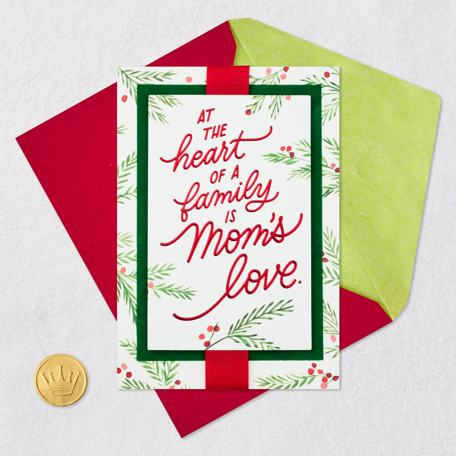 Watercolor Greenery Christmas Card for Mom Card Front with Envelope and Gold Seal image number 6