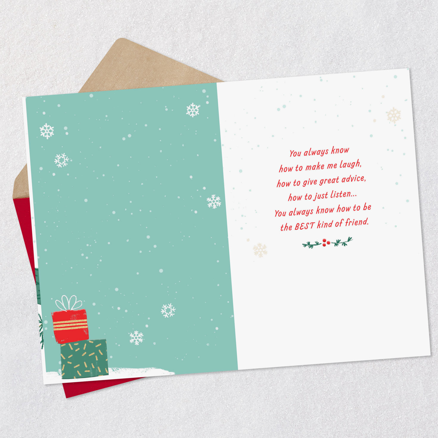 Mittens Holding Cocoa Christmas Card for Friend Open card with envelope image number 3