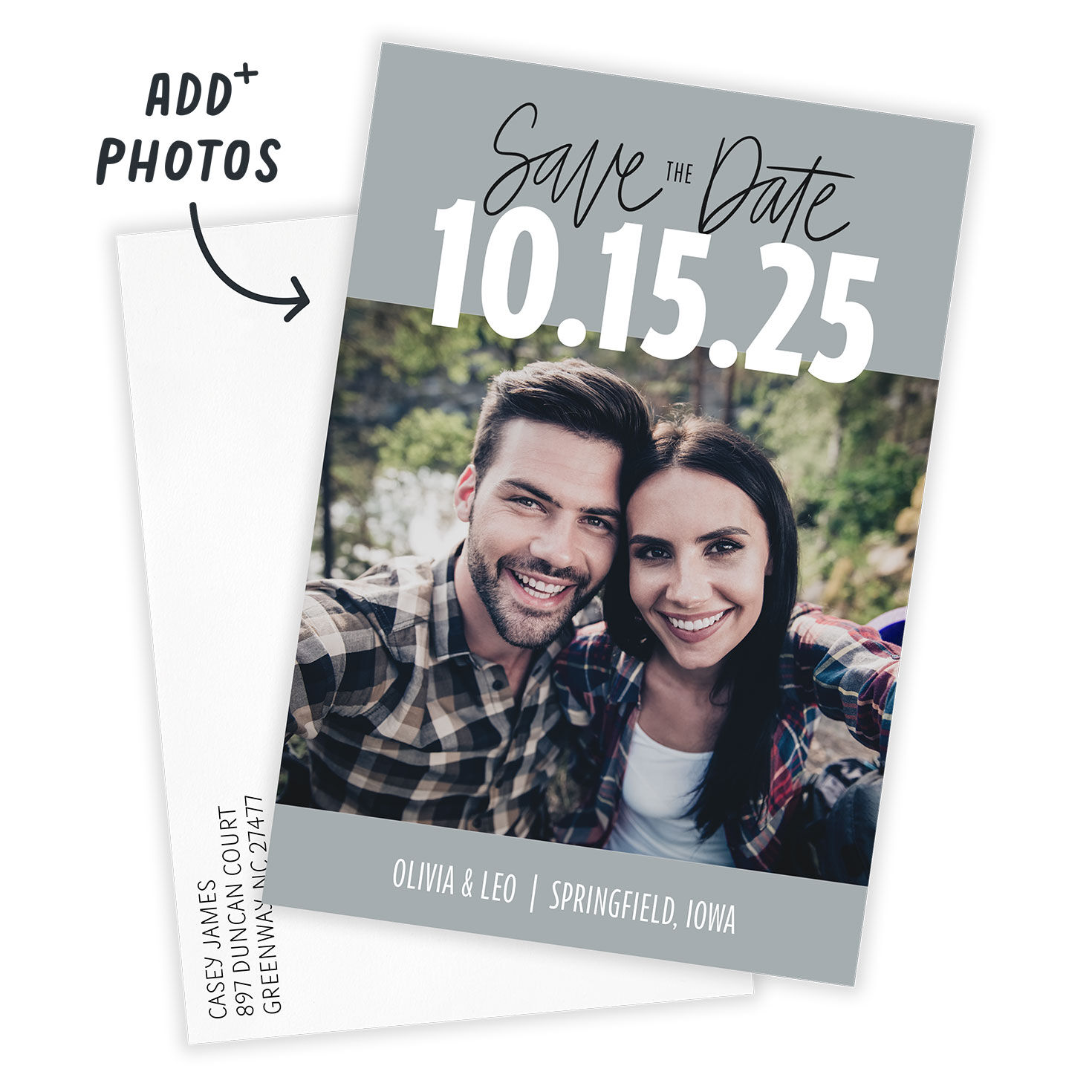 Large Text on Gray Personalized Save the Date Card Card Front indicating personalization image number 2