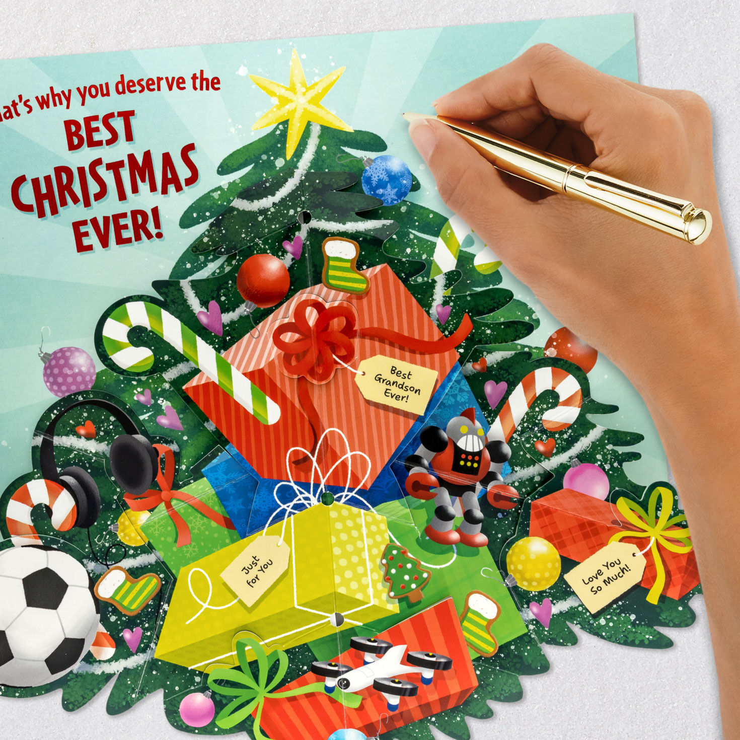Pop-Up Tree with Gifts Christmas Card for Grandson Signing card image number 6