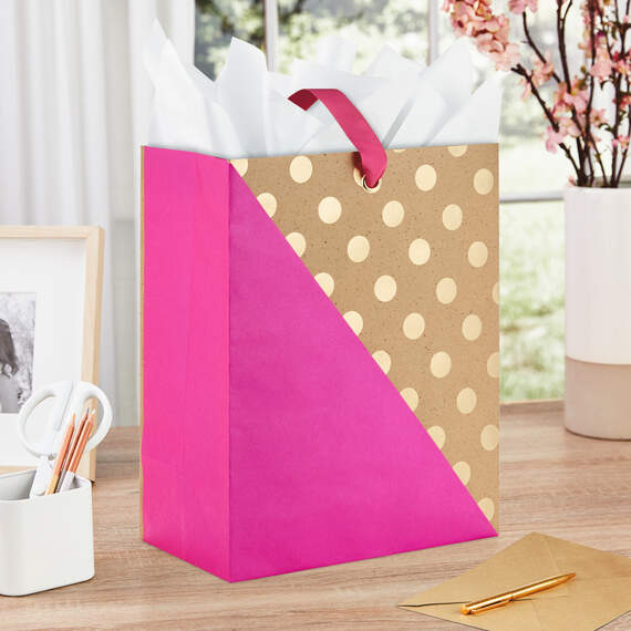 Fuchsia and Gold Dots on Kraft Large Gift Bag, 13", , large image number 2