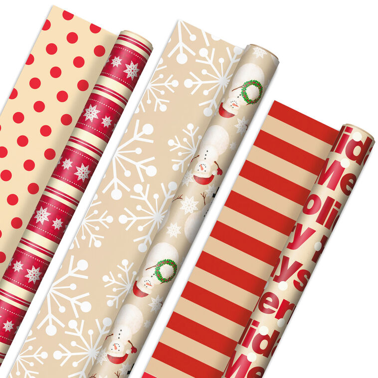 Holiday Kraft 3-Pack Assorted Reversible Wrapping Paper Roll Bundle, 120 sq. ft. total