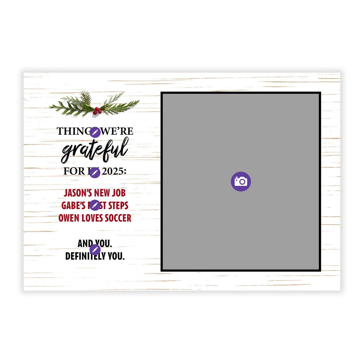 Holly and Rustic Wood Flat Christmas Photo Card Card Front indicating personalization image number 5