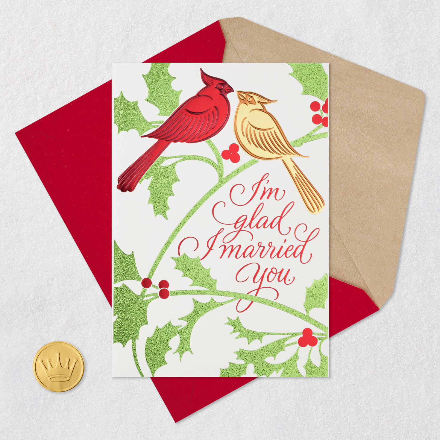 Cardinals and Holly Christmas Card for Spouse Card Front with Envelope and Gold Seal image number 6