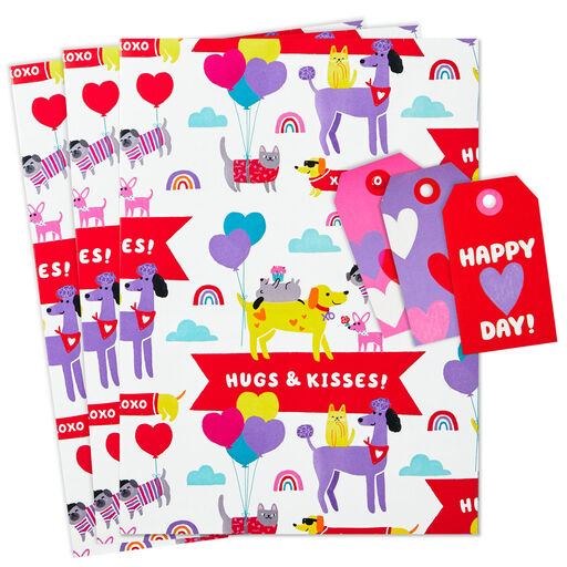 Hugs & Kisses Pets Flat Wrapping Paper With Gift Tags, 3 sheets, 