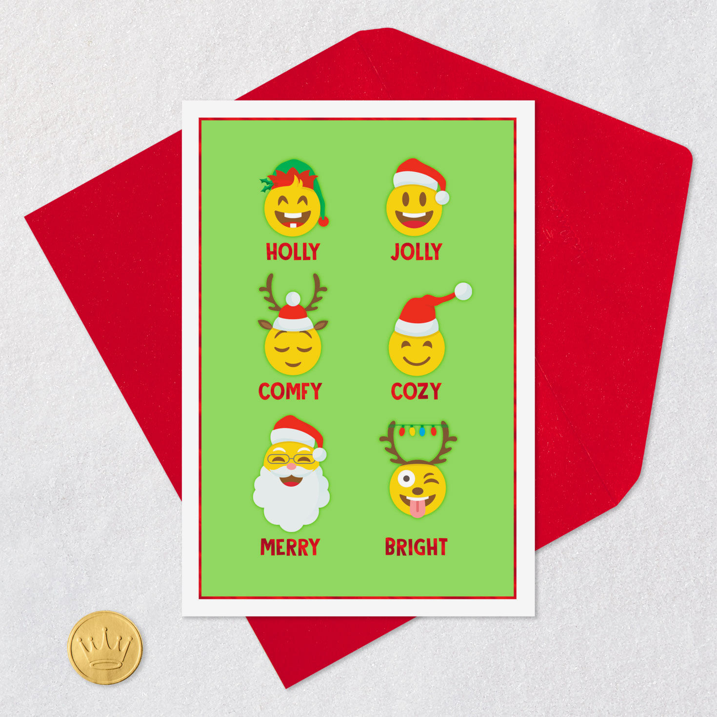 Holly Jolly Holidays Emojis Christmas Card for Kids Card Front with Envelope and Gold Seal image number 5